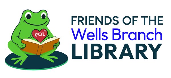 Friends of the Wells Branch Library Green frog holding orange book with a heart, next to text reading "Friends of the Wells Branch Library"